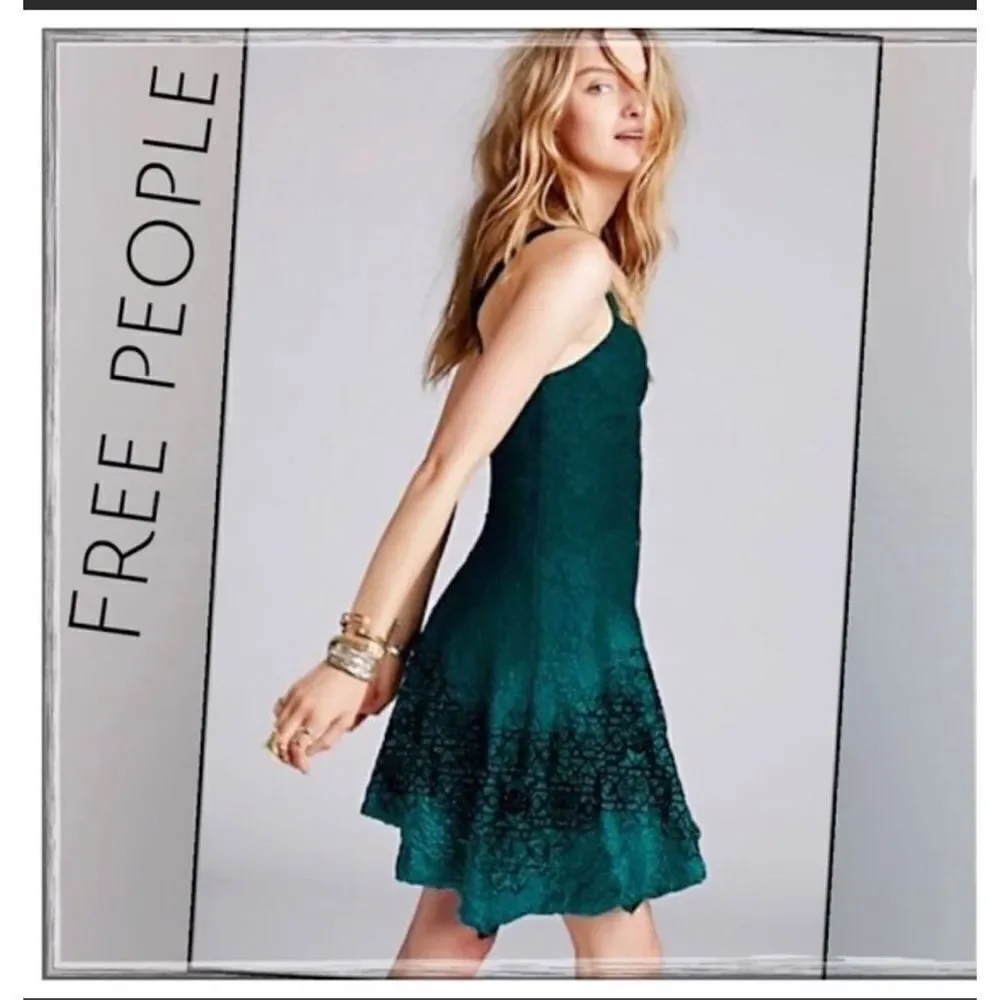 Free People Strap Mini Flare Dress Green‎ Floral Lace Black Velvety Detail